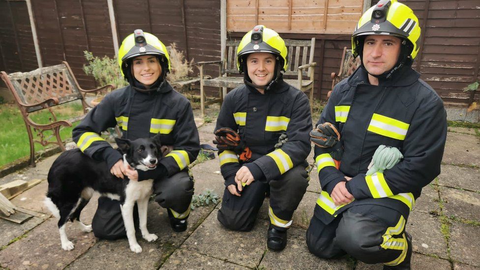 Firefighter Elsie Emery with her team and a dog